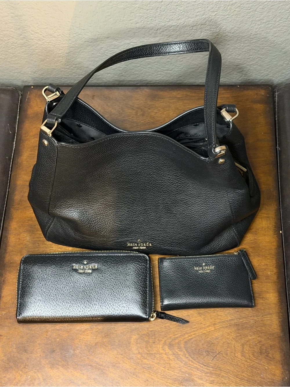 kate spade Black Pebbled Leather Shoulder Tote with Wallet and Card Pouch